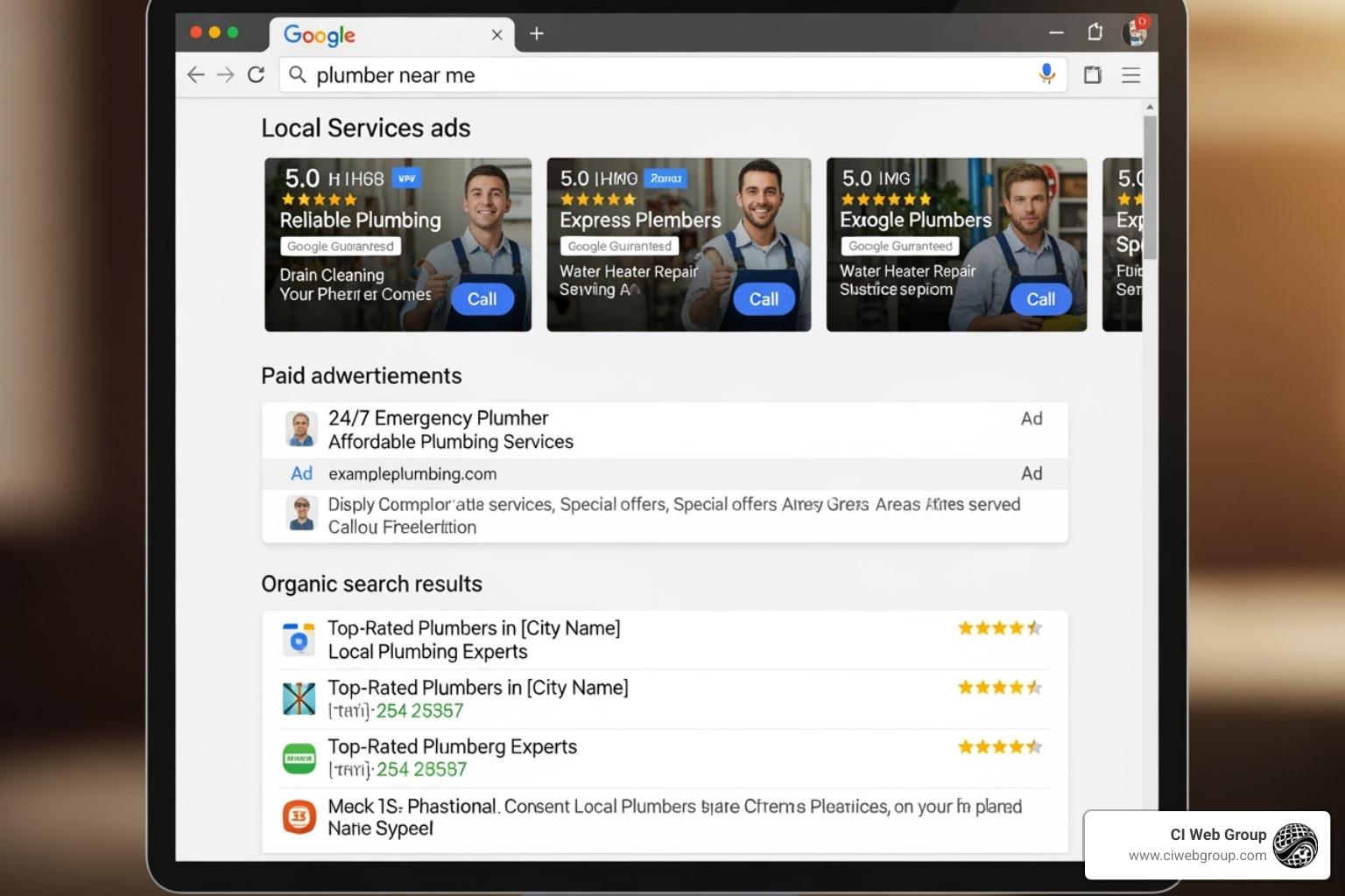 of a Google search results page for "plumber near me" showing Local Services Ads, PPC, and organic results - plumbing business marketing