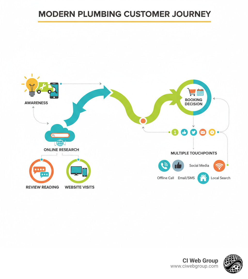 Infographic showing the modern plumbing customer journey from initial awareness through online research, review reading, website visits, and final booking decision with multiple touchpoints across digital and offline channels - plumbing business marketing infographic 