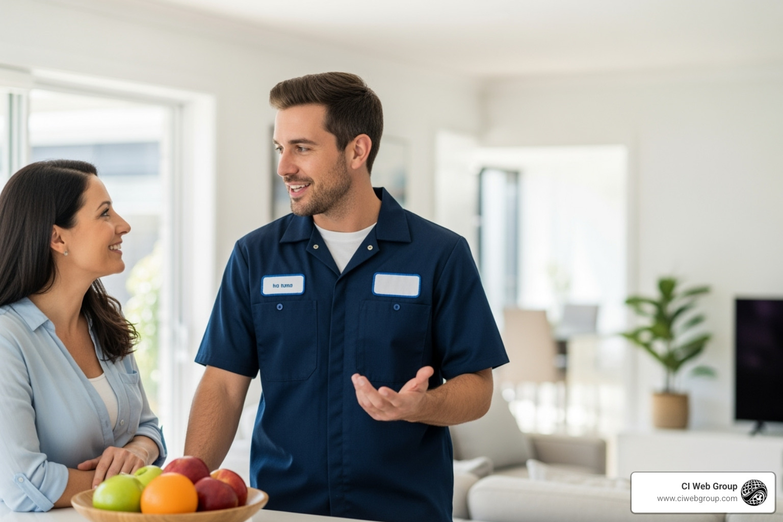 of a plumber talking to a happy customer - plumbing business marketing