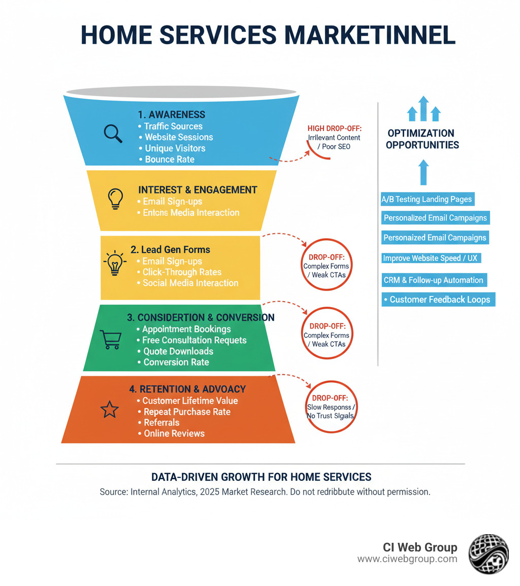 Infographic showing the complete marketing funnel measurement process from awareness stage tracking through conversion analysis, including key metrics at each stage, common drop-off points, and optimization opportunities for home service companies - funnel analytics and measurement infographic 