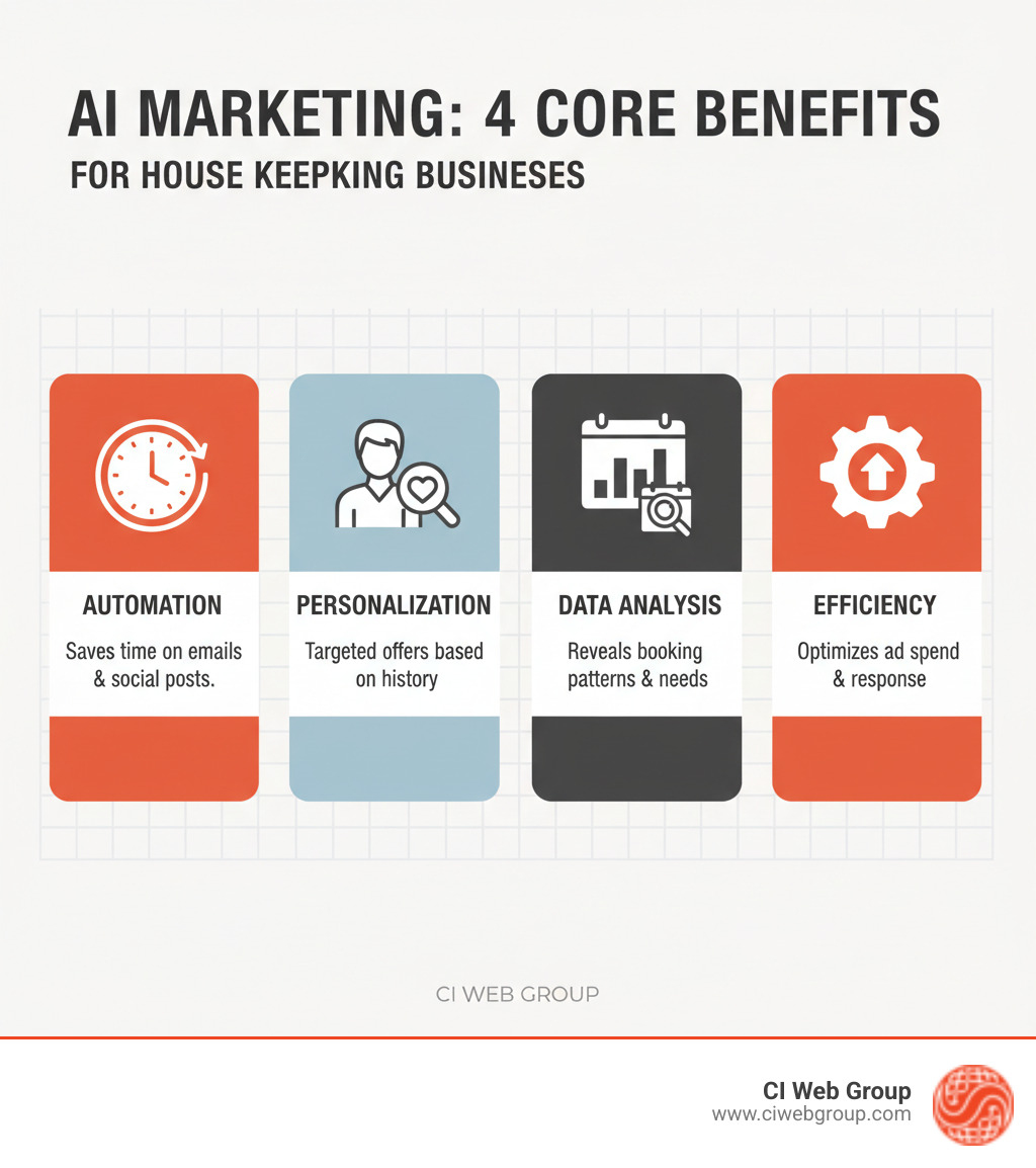 Infographic showing four core benefits of AI in marketing: Automation saves time on repetitive tasks like email sequences and social posting; Personalization delivers targeted offers based on customer history and preferences; Data Analysis reveals booking patterns and predicts customer needs; Efficiency optimizes ad spend and improves response times for higher conversion rates - House Keeping AI Marketing infographic 