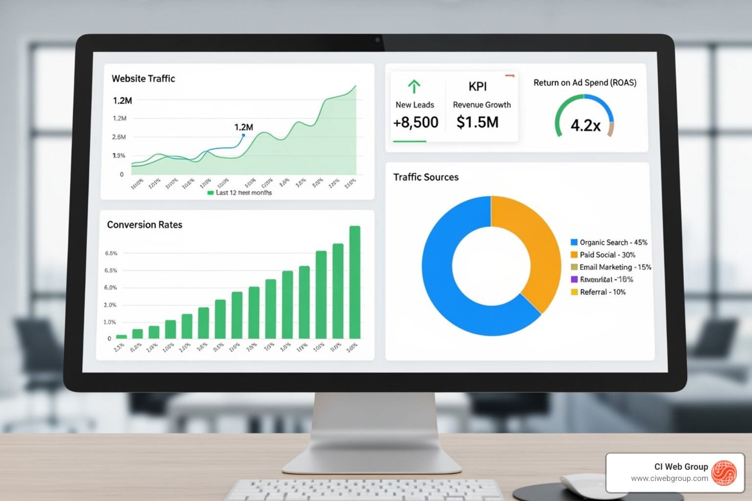 Marketing analytics dashboard showing positive growth trends, increased website traffic, and improved conversion rates - House Keeping AI Marketing