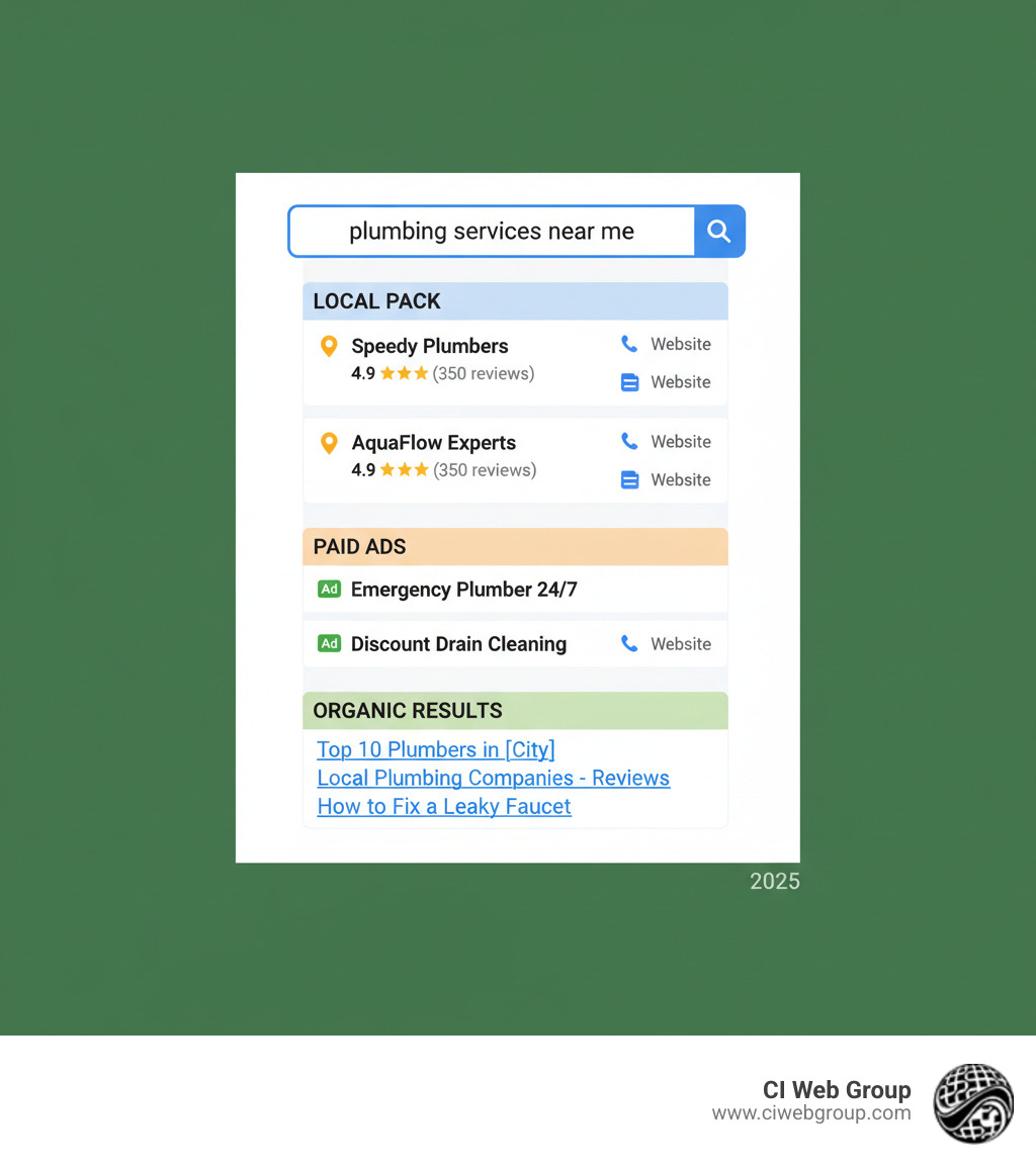 Infographic showing Google local search results page with Local Pack at the top displaying 3 plumbing businesses with ratings and contact info, followed by paid ads and organic search results below - plumbing Google My Business infographic 