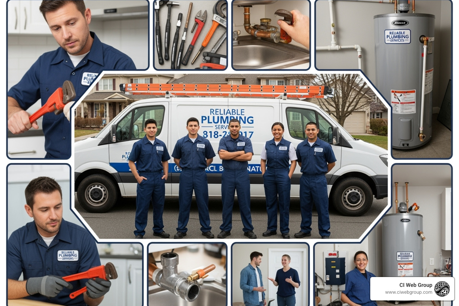 Gallery of high-quality plumbing photos: team in branded uniforms, clean service vans, a technician expertly repairing a pipe, and a shining new water heater installation - plumbing Google My Business