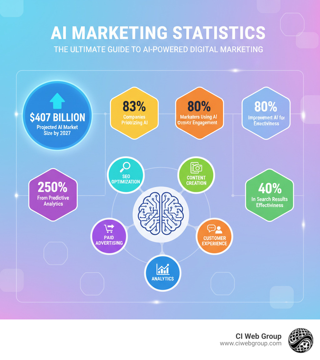 Comprehensive infographic showing AI marketing statistics: $407 billion projected AI market size by 2027, 83% of companies prioritizing AI, 80% of marketers using AI for customer engagement, 250% ROI from predictive analytics, 40% improvement in search results effectiveness, and key application areas including SEO optimization, content creation, paid advertising, customer experience, and analytics - the ultimate guide to ai-powered digital marketing infographic Comprehensive infographic showing AI marketing statistics: $407 billion projected AI market size by 2027, 83% of companies prioritizing AI, 80% of marketers using AI for customer engagement, 250% ROI from predictive analytics, 40% improvement in search results effectiveness, and key application areas including SEO optimization, content creation, paid advertising, customer experience, and analytics - the ultimate guide to ai-powered digital marketing infographic