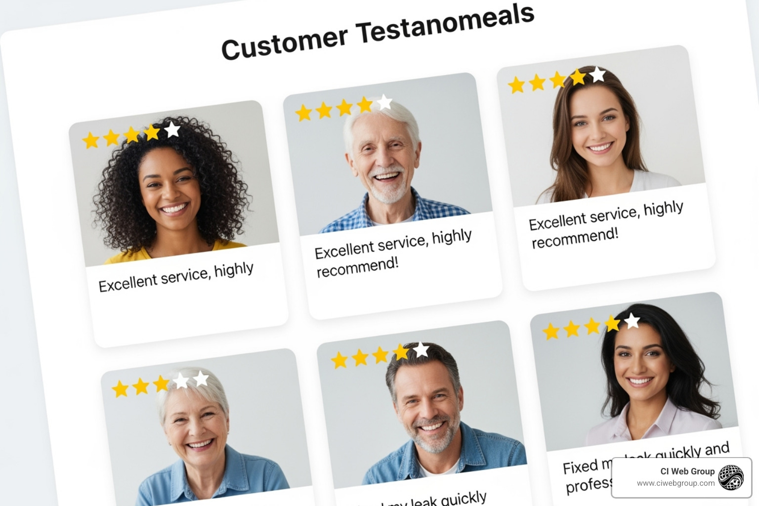 A website section showcasing customer testimonials with star ratings, customer photos, and short positive quotes about plumbing services. - websites for plumbers