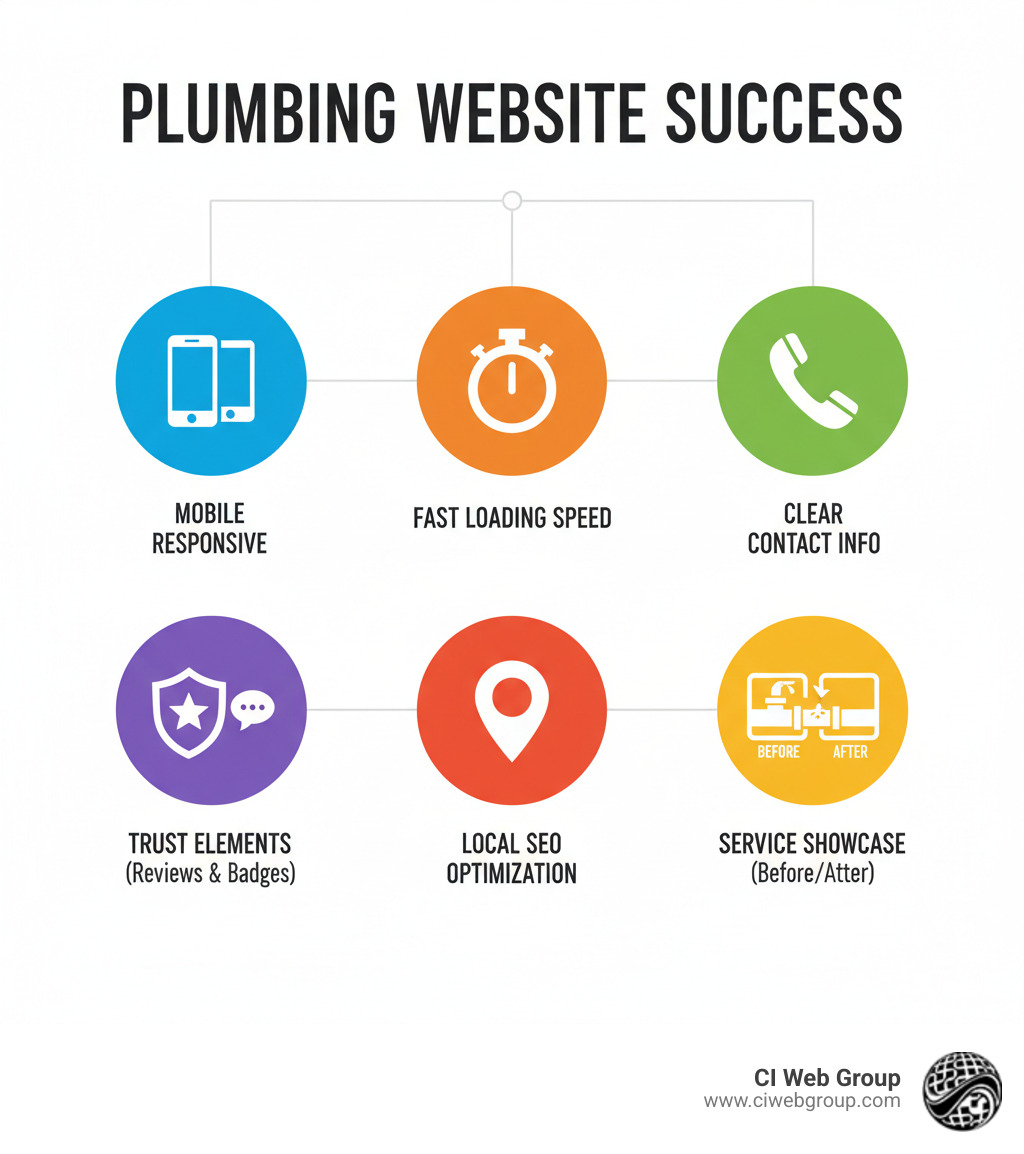 Comprehensive breakdown showing the six core components of a successful plumbing website: mobile responsiveness with phone and tablet icons, fast loading speed with stopwatch, clear contact information with phone symbol, trust elements including reviews and badges, local SEO optimization with map pin, and service showcase with before/after project images - websites for plumbers infographic 