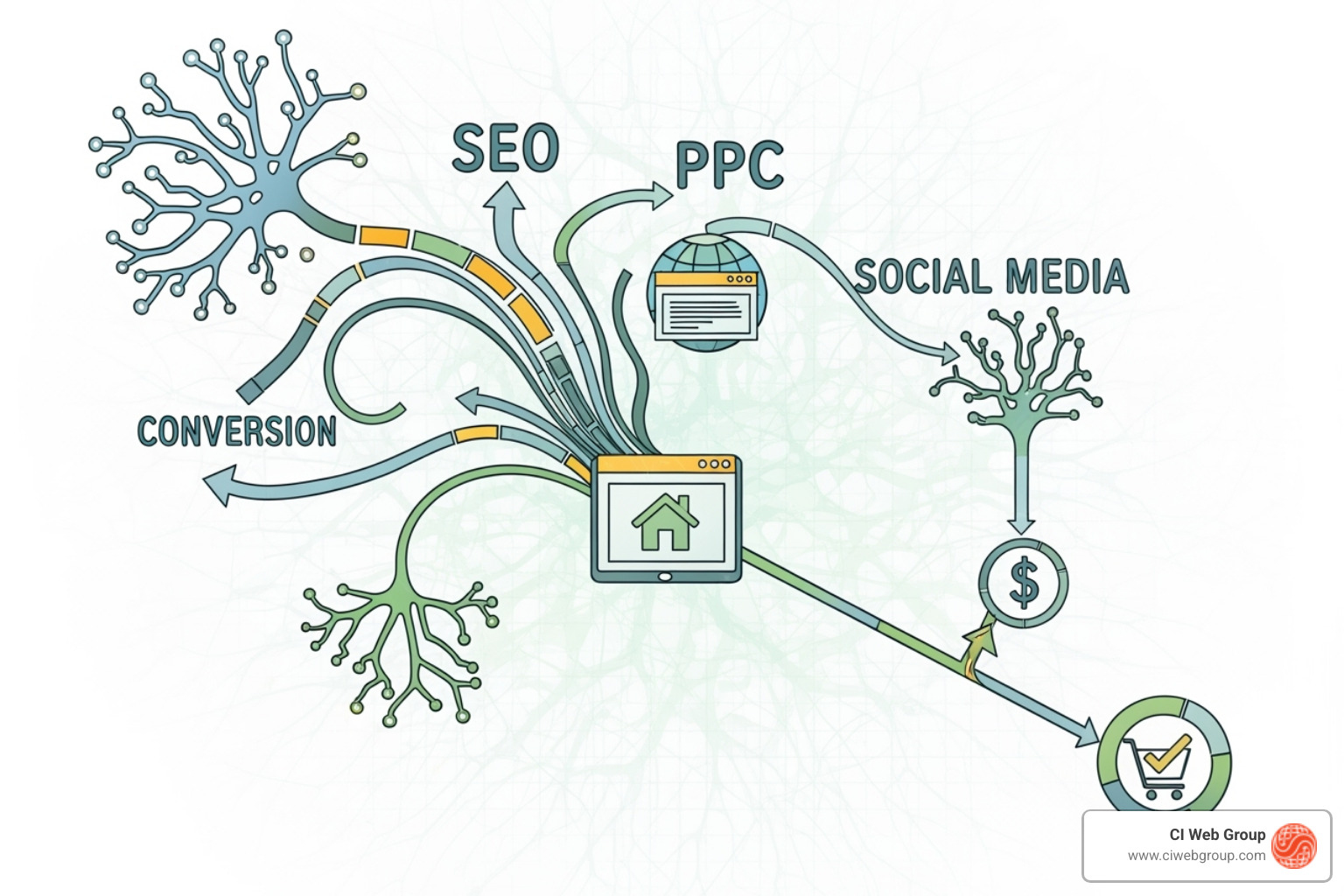 Diagram showing interconnected loops of SEO, PPC, and Social Media driving traffic to a central website, which then converts leads - Daikin Dealer Marketing and Web Design