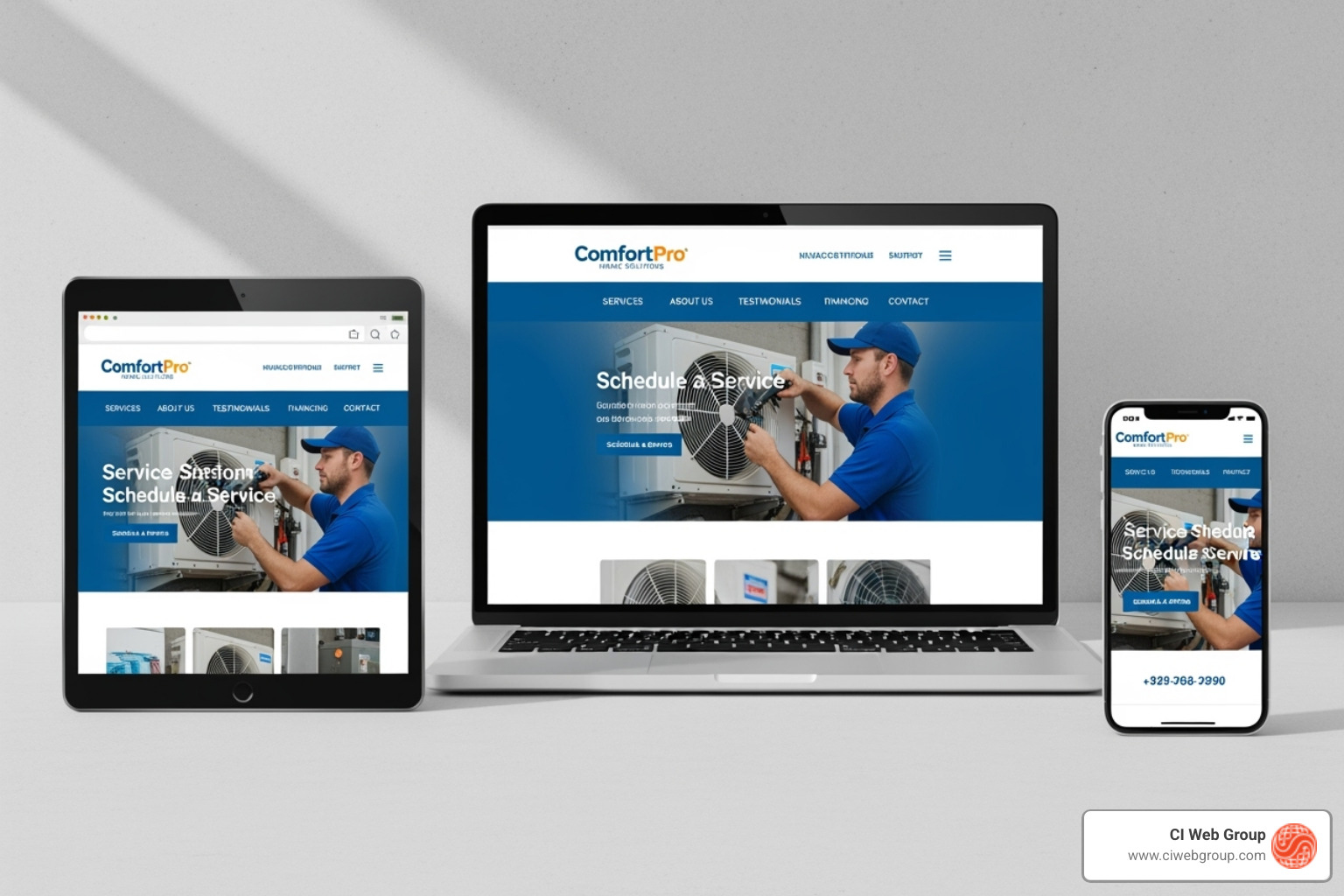 Modern, responsive Daikin dealer website displayed across laptop, tablet, and smartphone screens - Daikin Dealer Marketing and Web Design