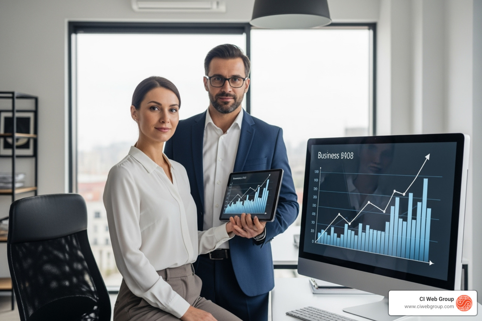 Business owner looking confidently at a graph showing growth - Best GEO AI SEO Companies in Seattle