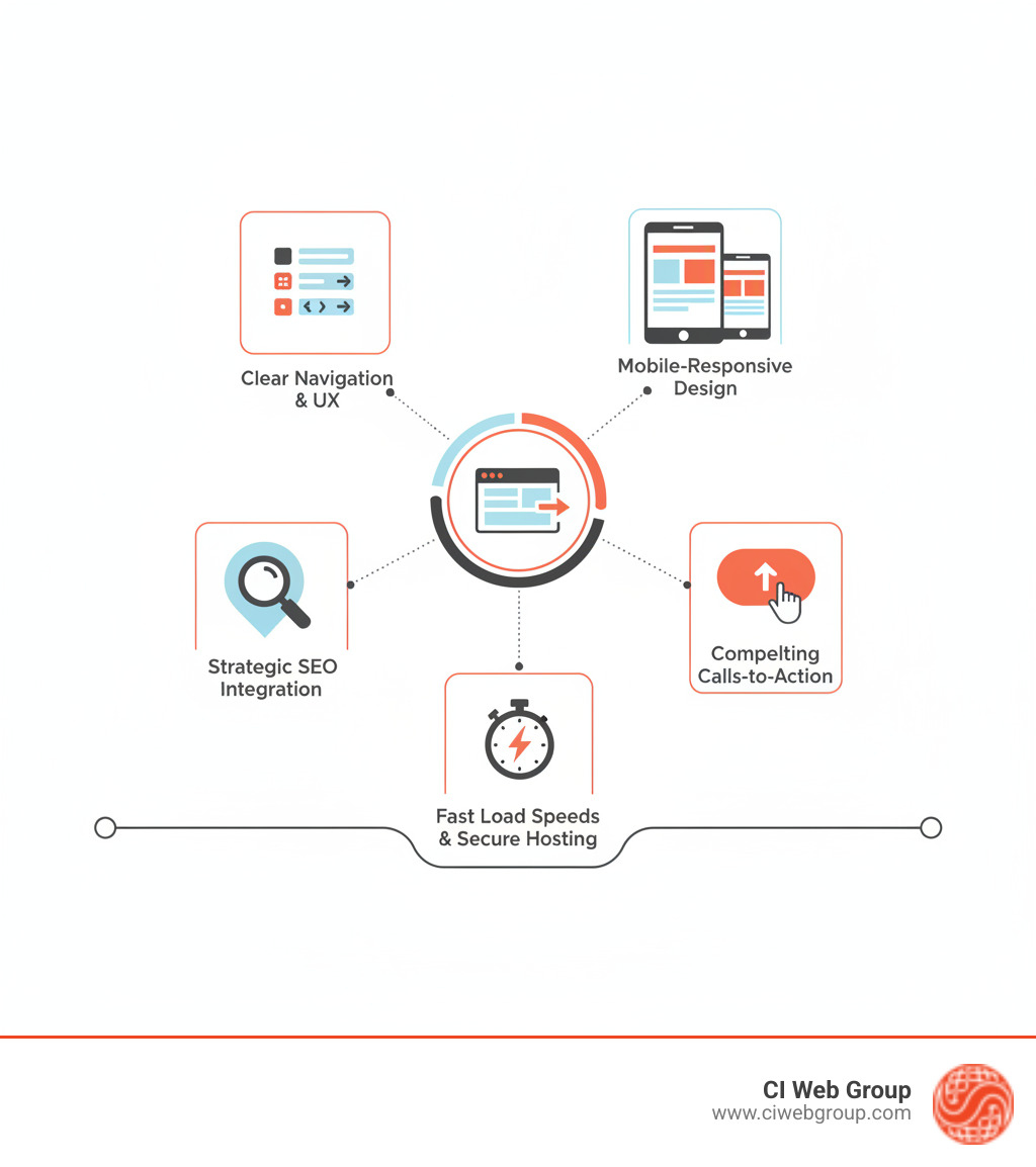 Infographic showing the 5 essential elements of a high-converting business website: 1) Clear navigation and user experience, 2) Mobile-responsive design across all devices, 3) Strategic SEO integration for local search visibility, 4) Compelling calls-to-action that drive conversions, 5) Fast load speeds and secure hosting - Website Design in Seattle Wa infographic Infographic showing the 5 essential elements of a high-converting business website: 1) Clear navigation and user experience, 2) Mobile-responsive design across all devices, 3) Strategic SEO integration for local search visibility, 4) Compelling calls-to-action that drive conversions, 5) Fast load speeds and secure hosting - Website Design in Seattle Wa infographic