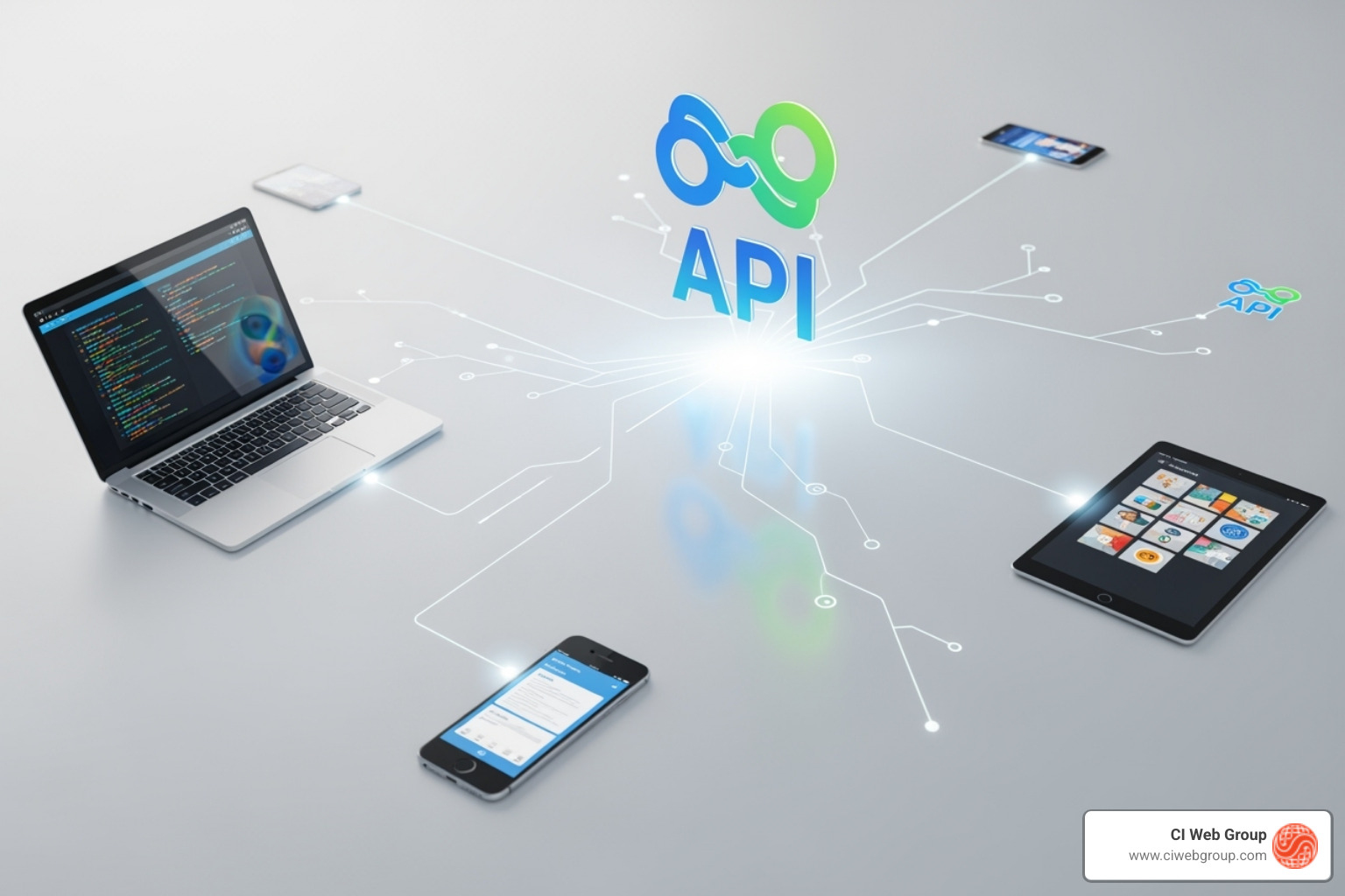 API icon connecting a backend content repository to various frontend devices - Headless CMS Website API icon connecting a backend content repository to various frontend devices - Headless CMS Website