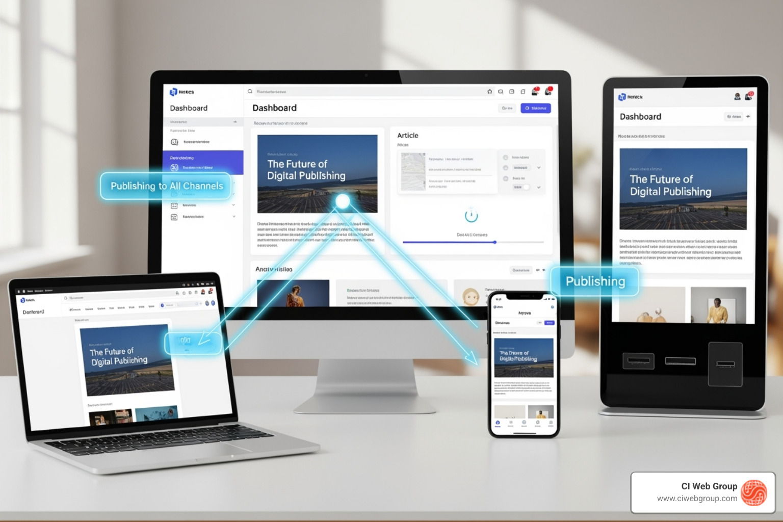 Dashboard showing content being published to a website, a mobile app, and a digital kiosk simultaneously - Headless CMS Website Dashboard showing content being published to a website, a mobile app, and a digital kiosk simultaneously - Headless CMS Website