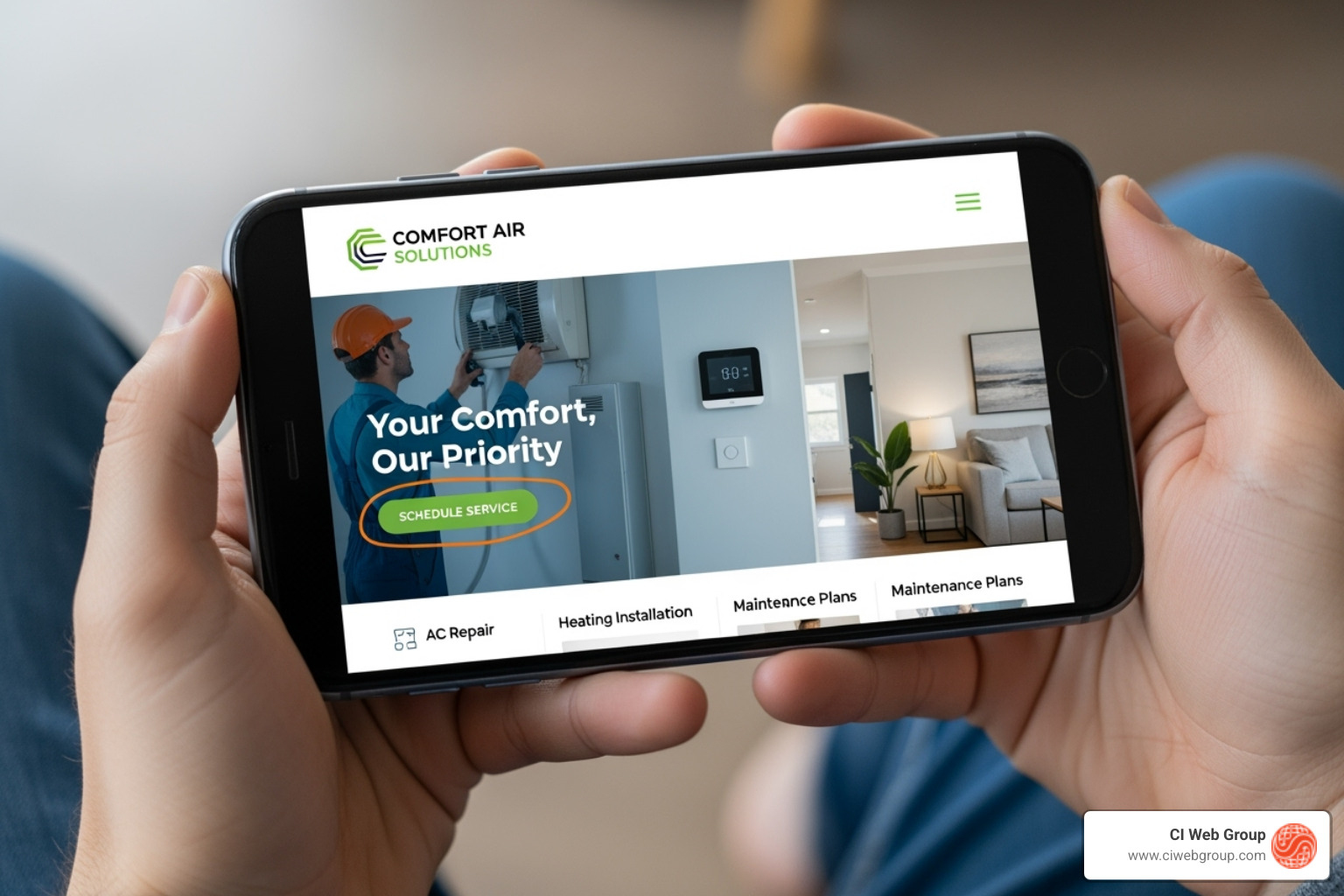 A person browsing a sleek, mobile-friendly HVAC website on their phone, highlighting intuitive navigation and clear calls to action. - hvac marketing strategies