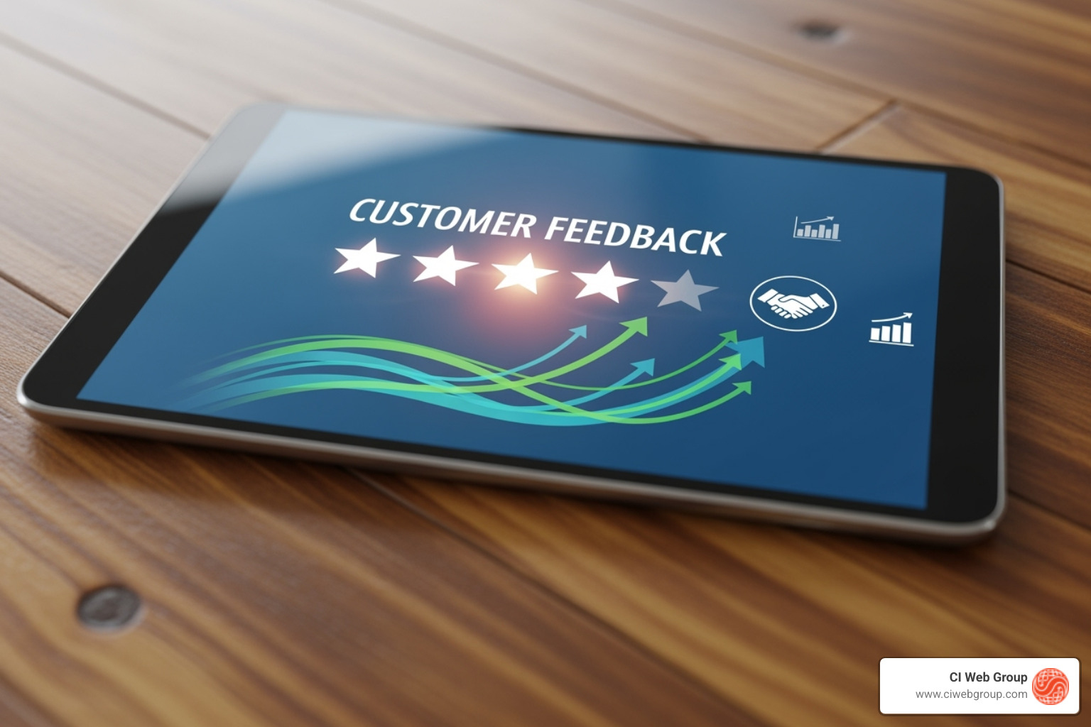 A tablet screen prominently displaying a 5-star review for an HVAC company, with accompanying positive text and a company logo. - hvac marketing strategies
