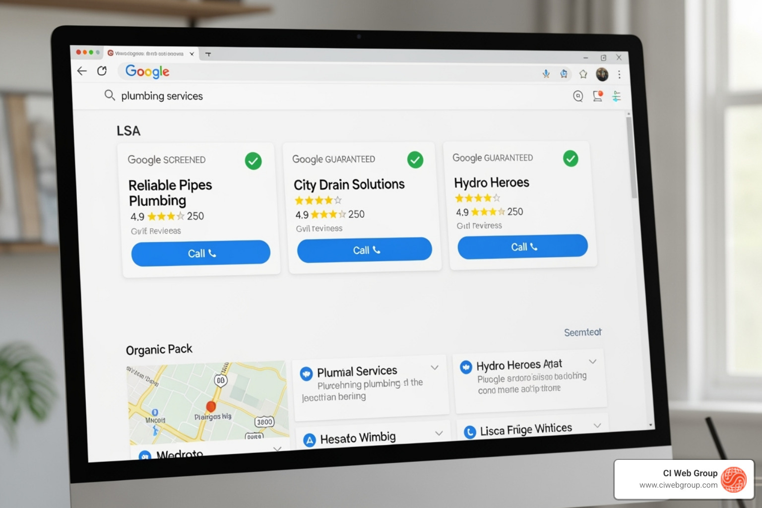 Google Local Service Ads at the top of a search results page - plumber lead generation Google Local Service Ads at the top of a search results page - plumber lead generation