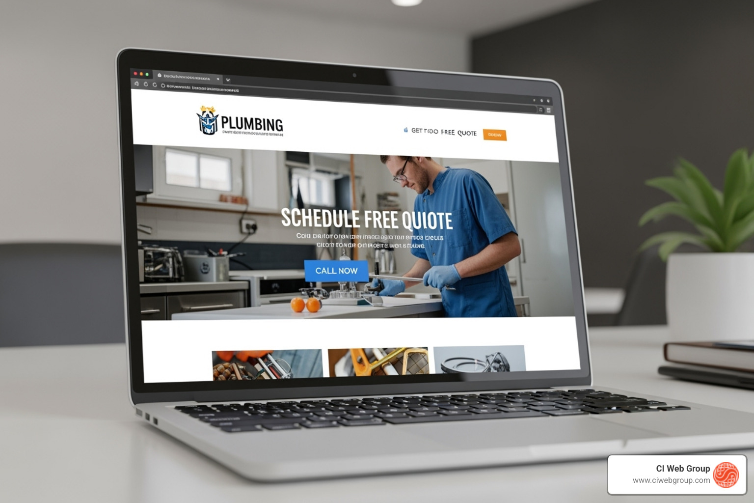 plumbing website on a laptop screen showing clear calls-to-action - plumber lead generation plumbing website on a laptop screen showing clear calls-to-action - plumber lead generation