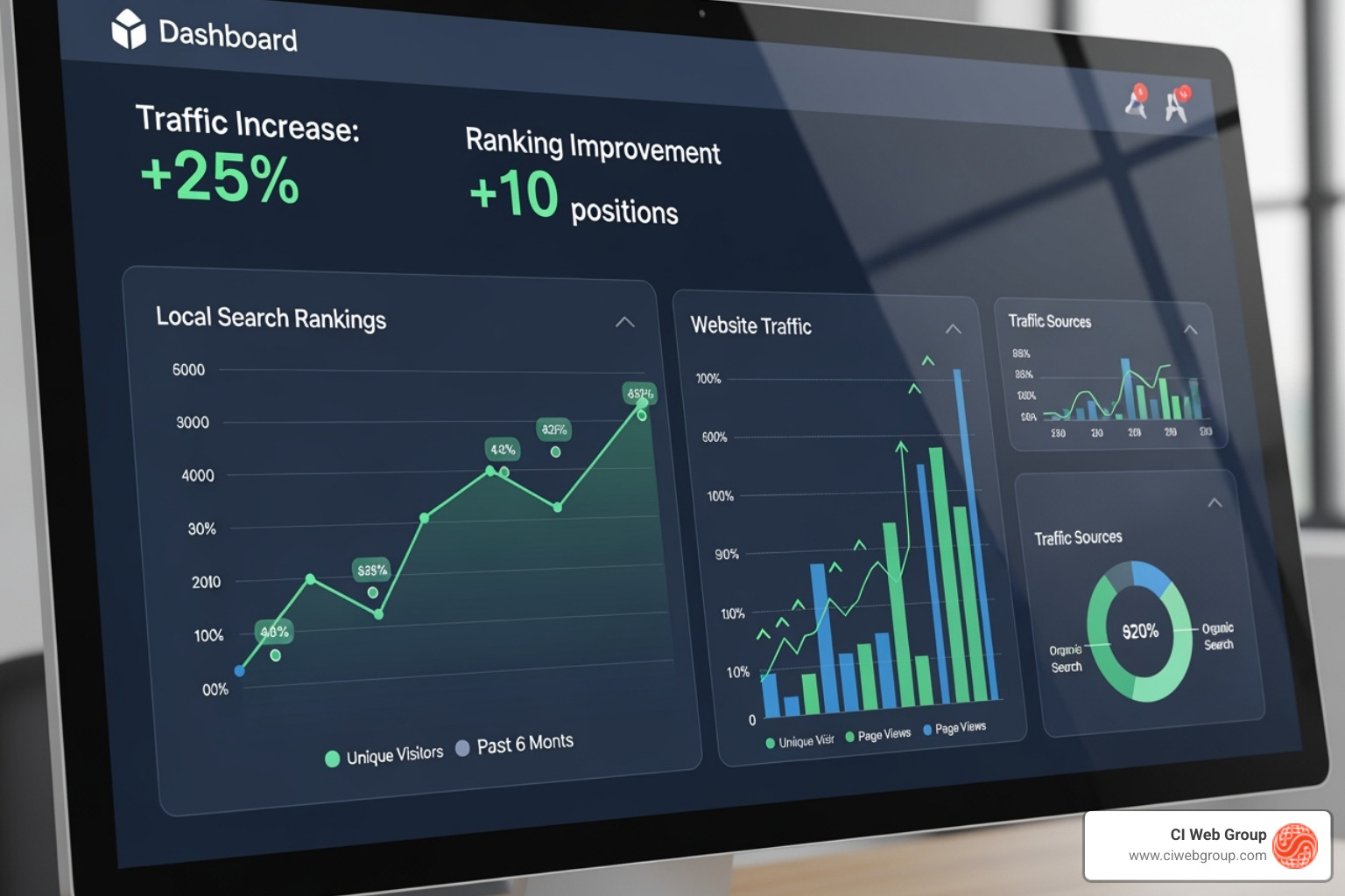 dashboard showing improved local search rankings and traffic - Garage Door SEO AEO dashboard showing improved local search rankings and traffic - Garage Door SEO AEO