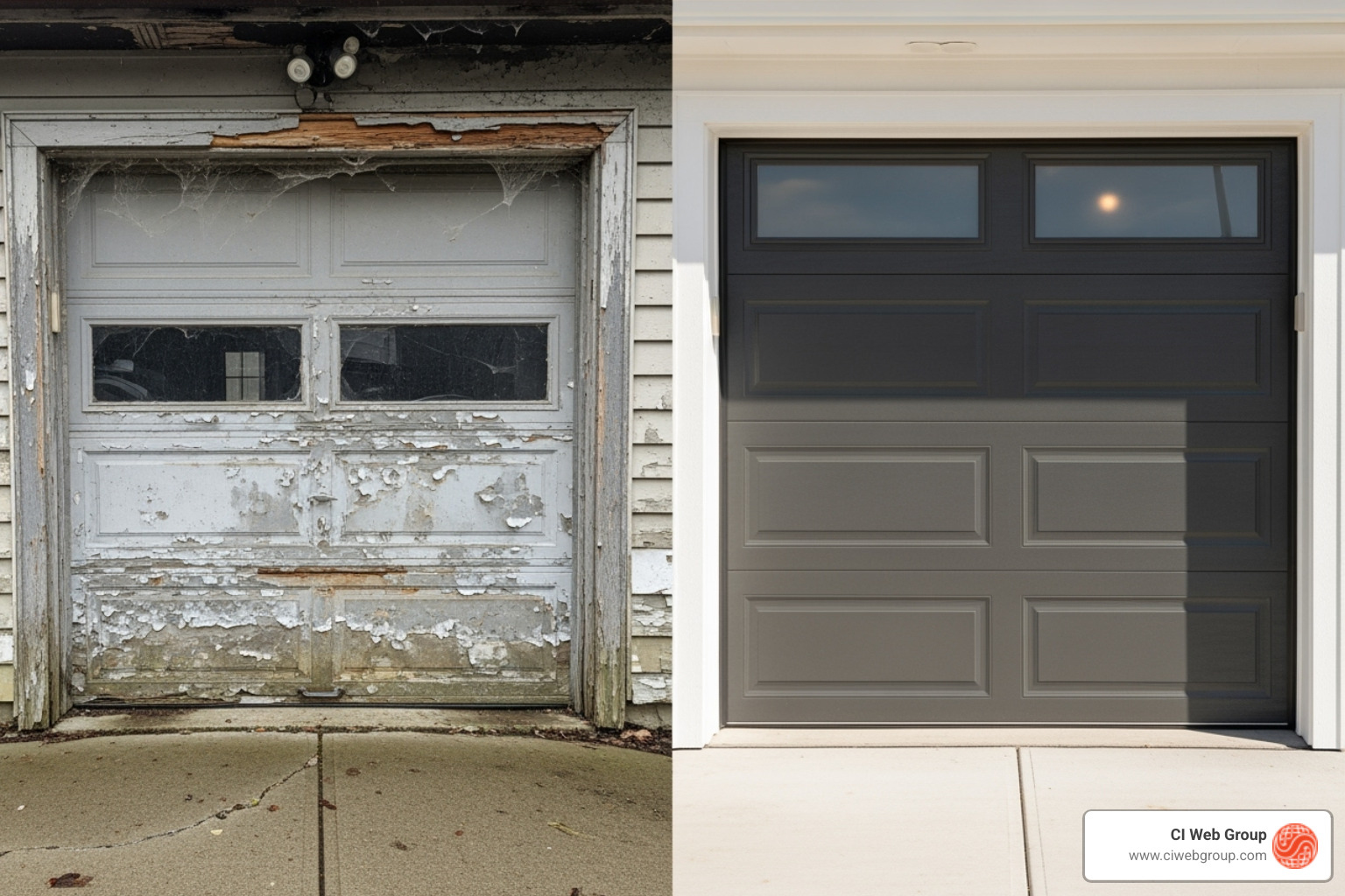 well-designed Facebook post for a garage door company showing a before-and-after - garage door repair digital marketing