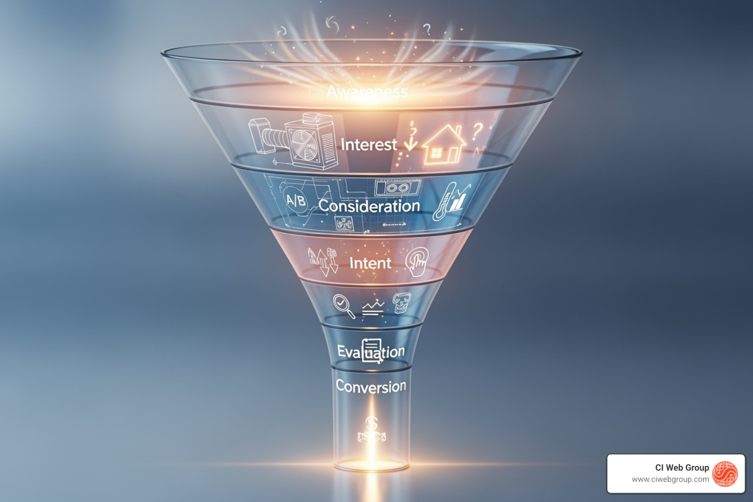 image of a lead generation funnel for an HVAC website, showing stages from awareness to conversion - heating and cooling websites