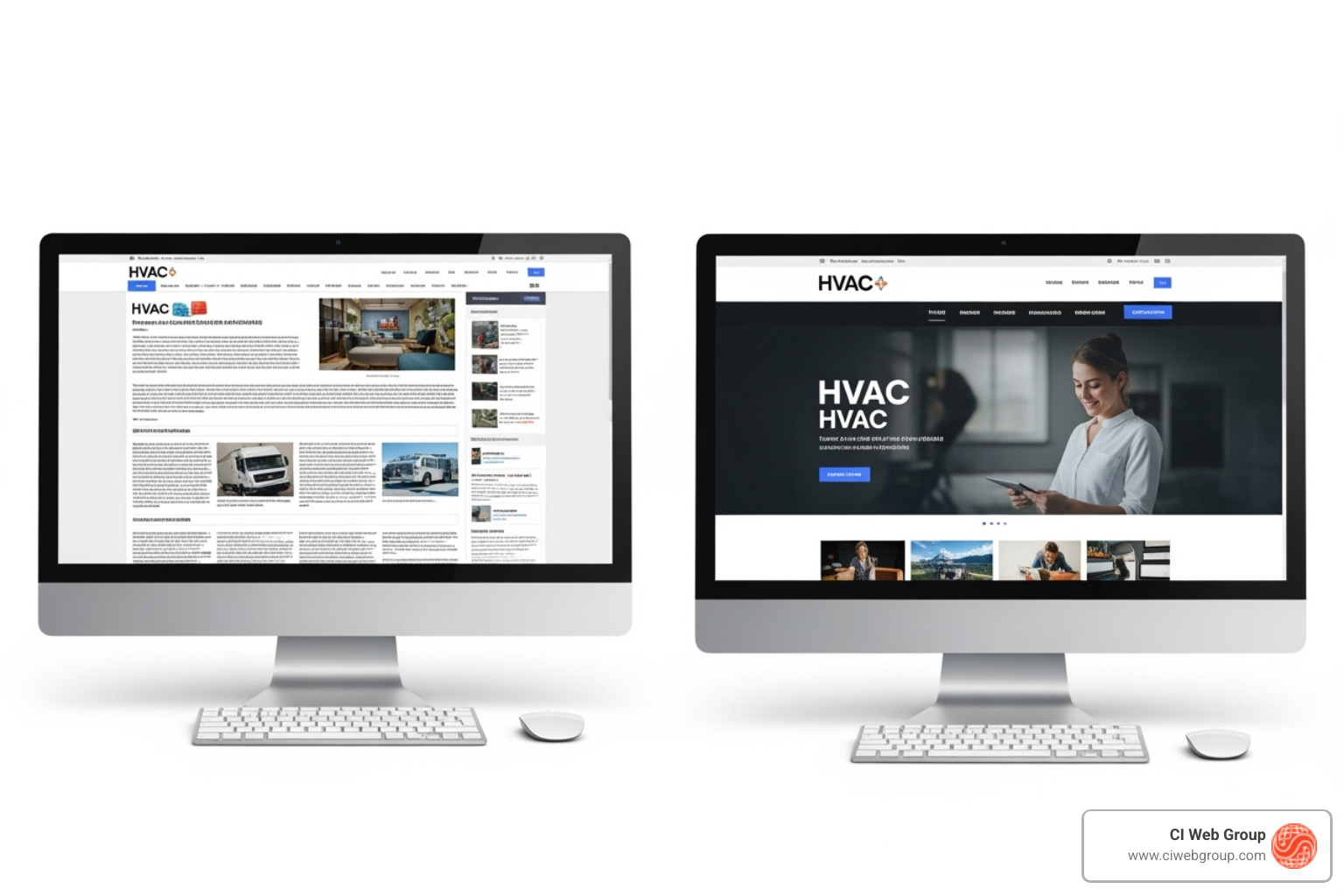 image comparing a cluttered HVAC website to a clean, modern one, highlighting the visual difference and ease of use - heating and cooling websites