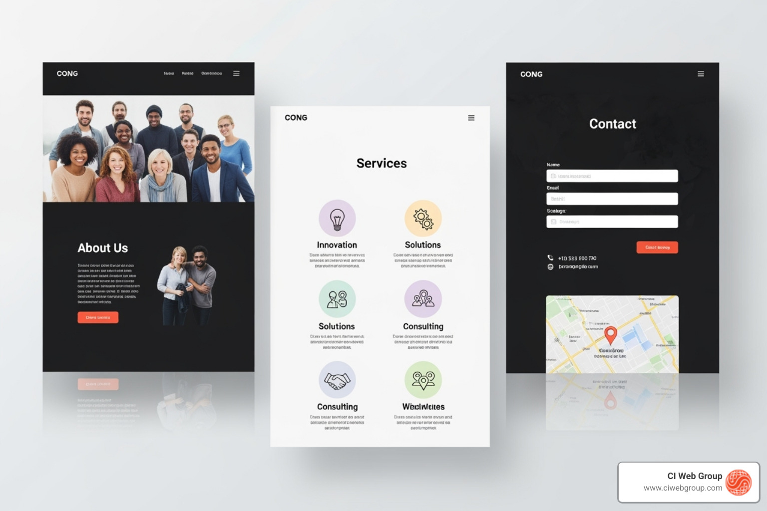 collage showing different essential website pages including an About Us page with a team photo, a Services page, and a Contact page - heating and cooling websites