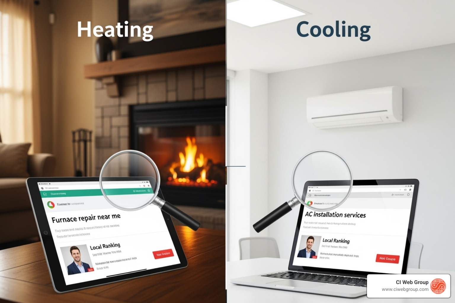 Google search result showing local map pack for "ac repair near me" - heating and cooling seo Google search result showing local map pack for "ac repair near me" - heating and cooling seo