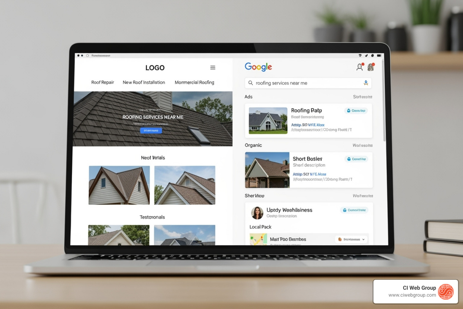 laptop screen showing a roofing company's website and Google search results - how to generate commercial roofing leads laptop screen showing a roofing company's website and Google search results - how to generate commercial roofing leads