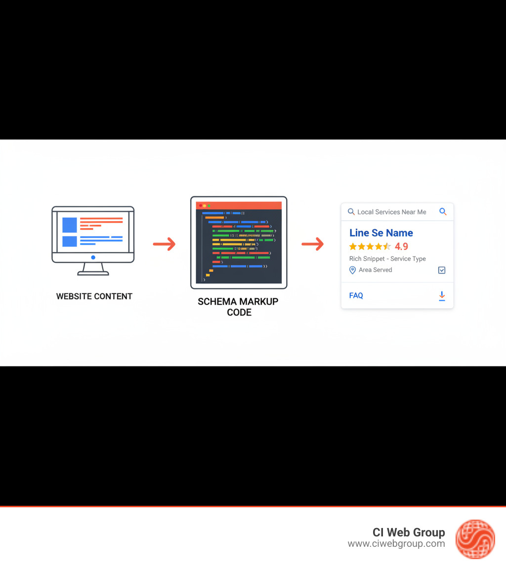infographic showing the flow from website content through schema markup code to enhanced search results with rich snippets, star ratings, and business details displayed prominently in Google search - Schema markup services infographic 