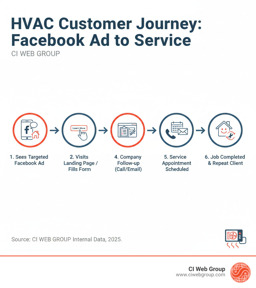 Infographic showing the HVAC customer journey from seeing a Facebook ad to booking service, including steps: 1) Homeowner sees targeted ad in Facebook feed, 2) Clicks ad to learn more, 3) Visits landing page or fills lead form, 4) Company follows up with call or email, 5) Service appointment scheduled, 6) Job completed and customer becomes repeat client - HVAC Facebook ads infographic 