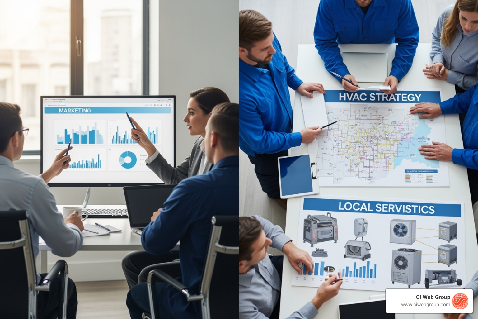 Marketing meeting vs HVAC strategy session - digital marketing agency for hvac