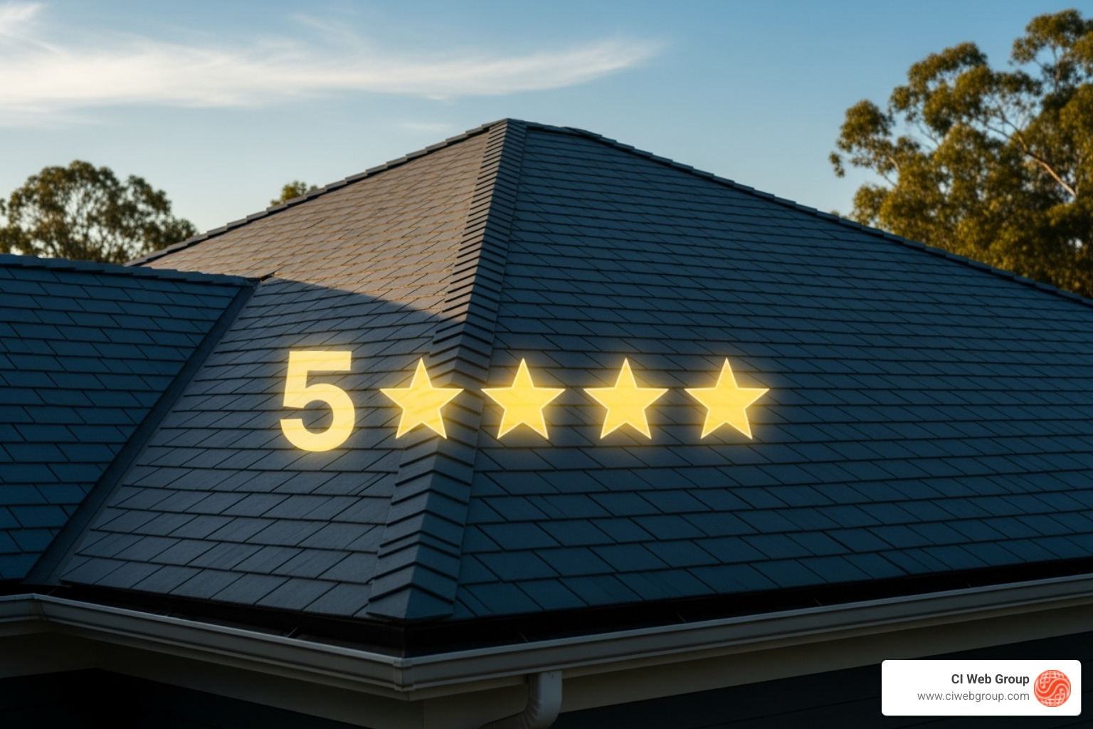5-star rating graphic over a high-quality residential roof - Roofing reputation management