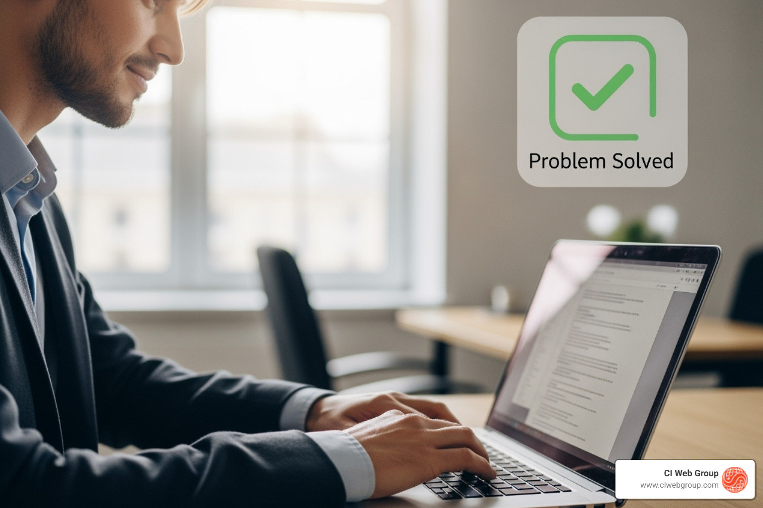 Person calmly typing a response on a laptop, with a "problem-solved" icon overlay - Roofing reputation management