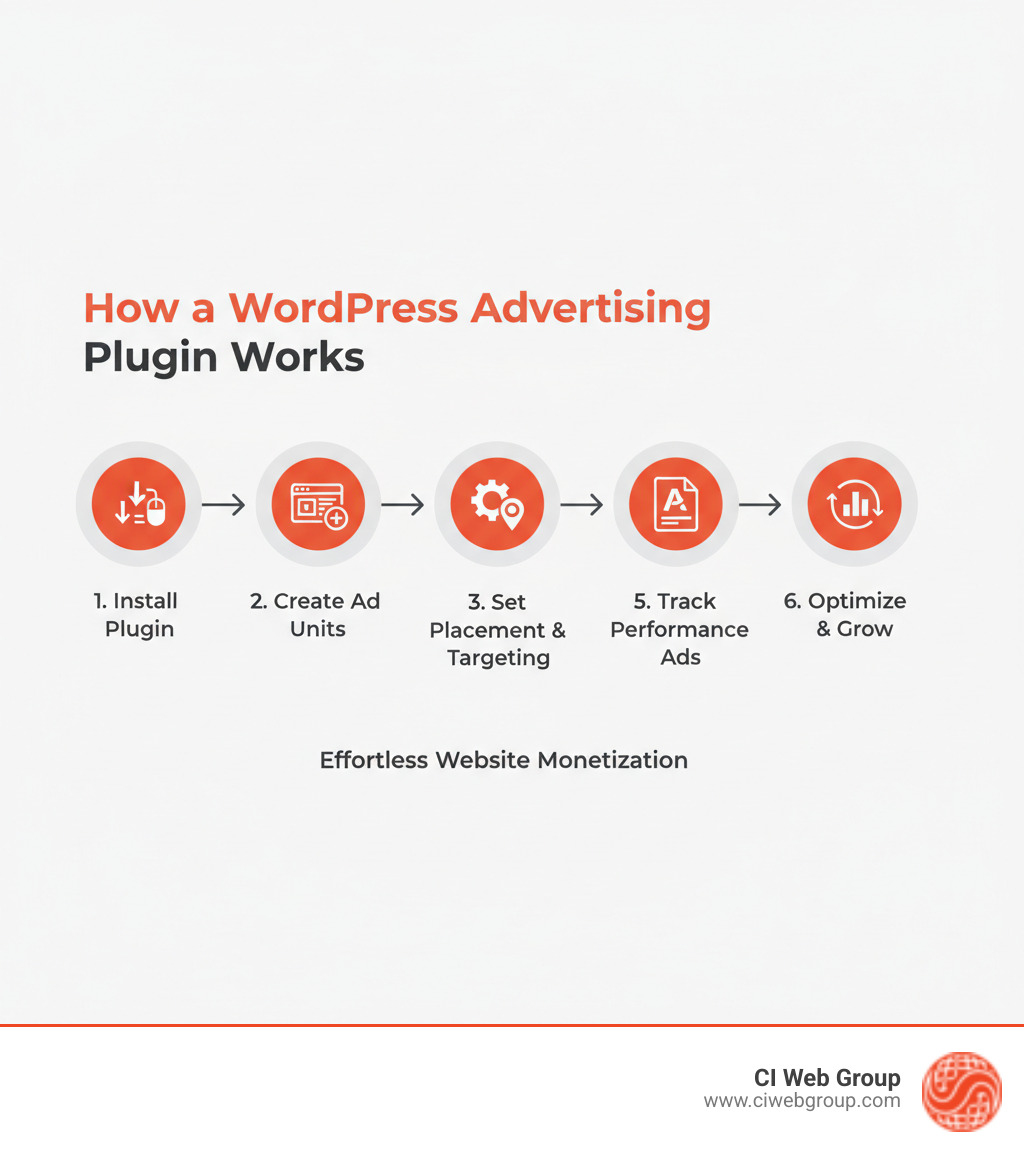 Infographic showing how a WordPress advertising plugin works: User installs plugin > Creates ad units in dashboard > Sets placement rules and targeting > Plugin automatically inserts ads into content > Tracks performance metrics > User optimizes based on data - wordpress advertising plugin infographic 