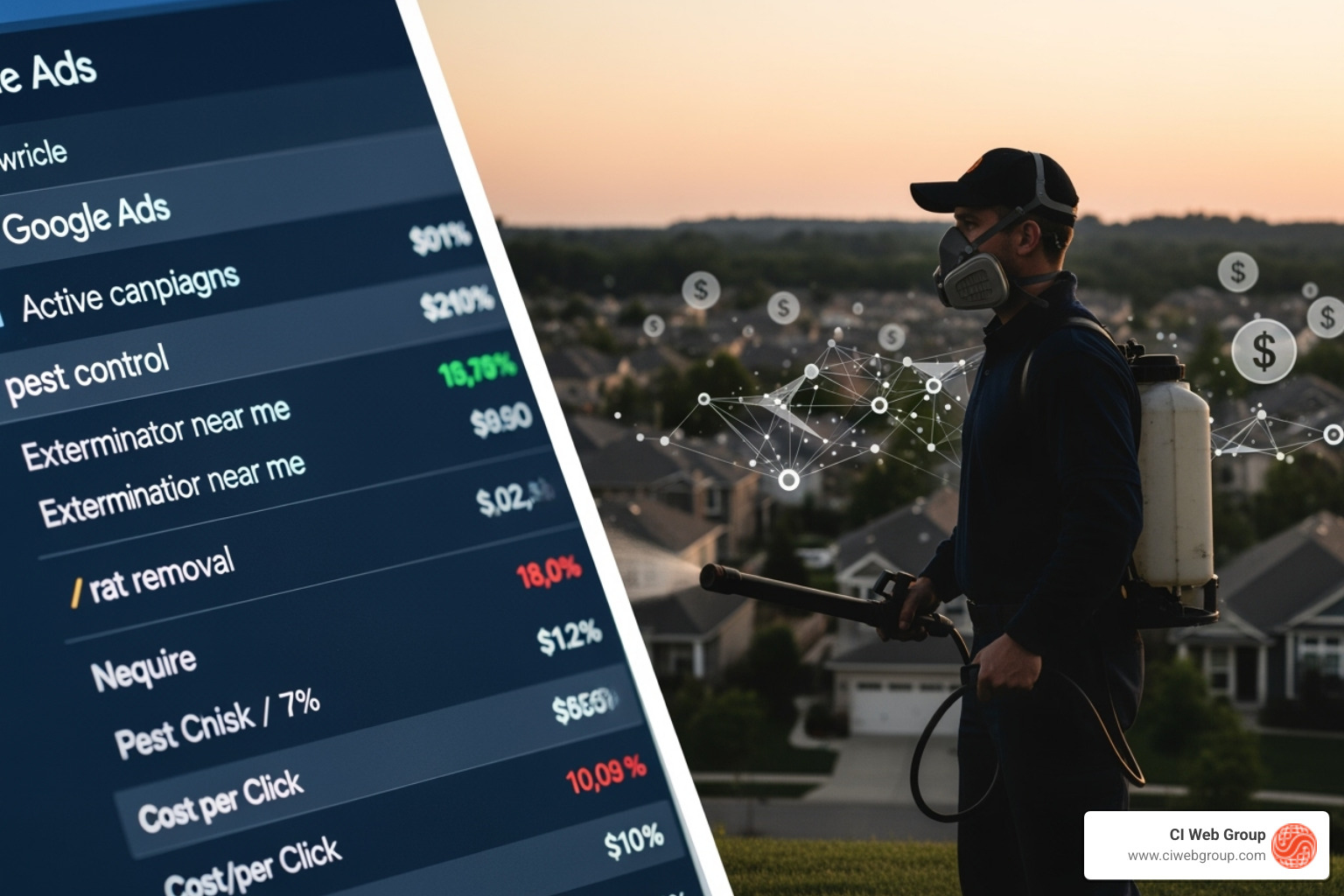 dashboard showing key PPC metrics like CPL, Conversion Rate, and ROAS - Pest control PPC management