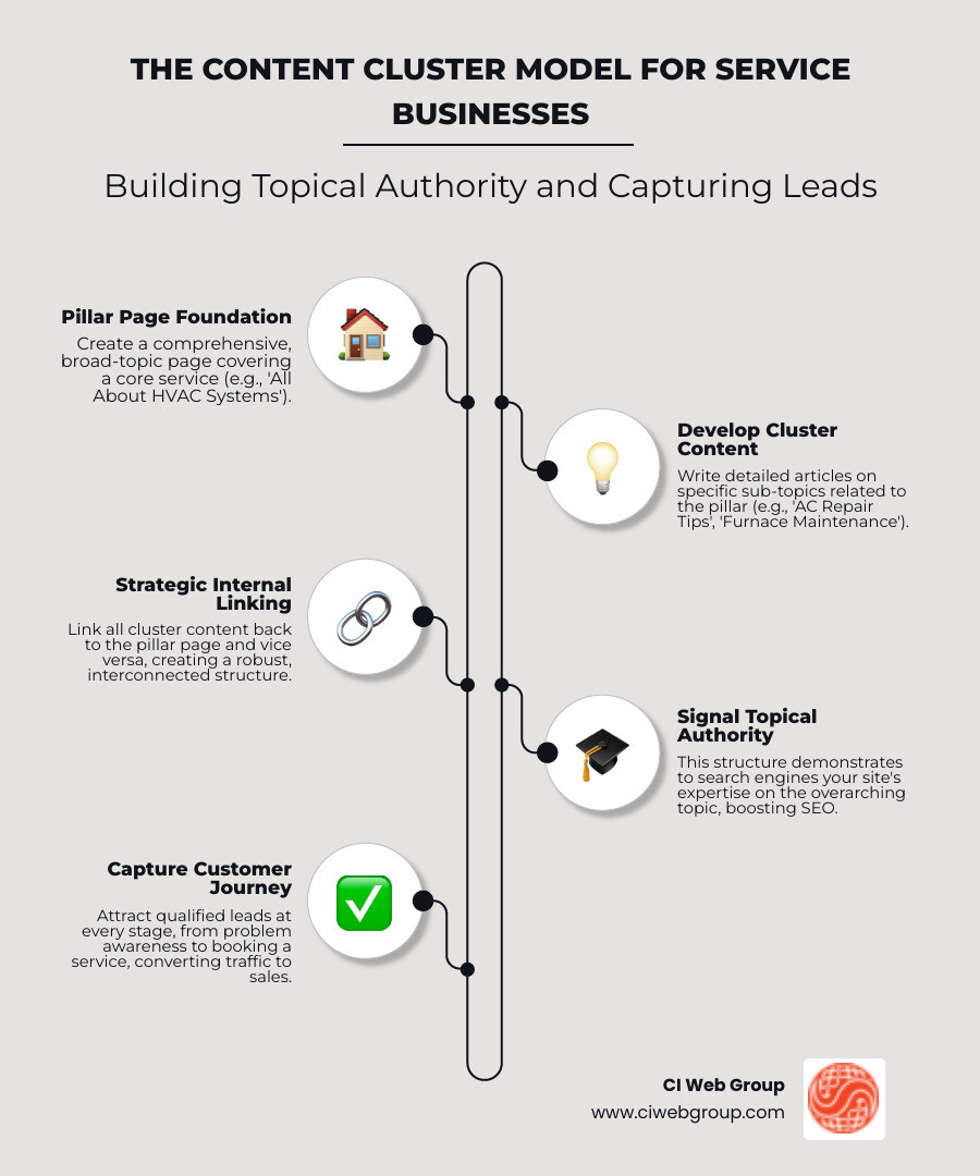 infographic showing pillar page at center connected to multiple cluster content pieces, all linking back to pillar, with arrows showing how this structure builds topical authority and captures traffic at every stage of the customer journey from awareness through decision - Which marketing agencies specialize in content cluster competitive analysis for service businesses?" infographic infographic-line-5-steps-elegant_beige