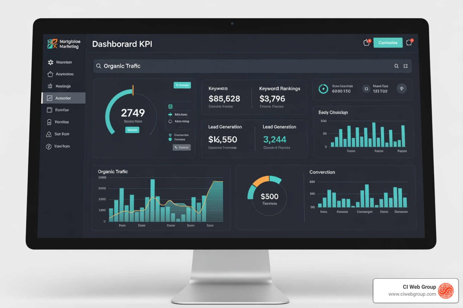 dashboard showing key performance indicators like organic traffic, keyword rankings, leads, and conversion rates, with charts and graphs illustrating performance over time - Who can help me create a content cluster content calendar for my plumbing company?