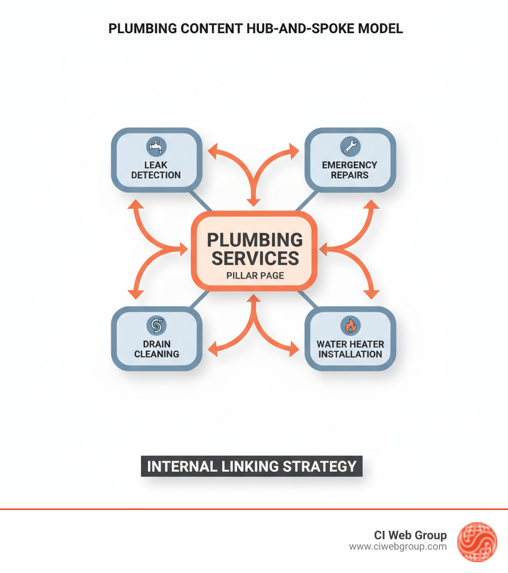 Infographic showing a hub-and-spoke model with a central pillar page about plumbing services connected to multiple cluster content pieces on specific topics like emergency repairs, water heater installation, drain cleaning, and leak detection, all linked together with arrows indicating internal linking strategy - Who can help me create a content cluster content calendar for my plumbing company? infographic 