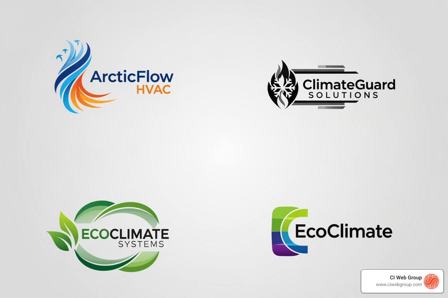HVAC logos showcasing different color palettes (blue/orange, monochrome, green) - modern hvac logo