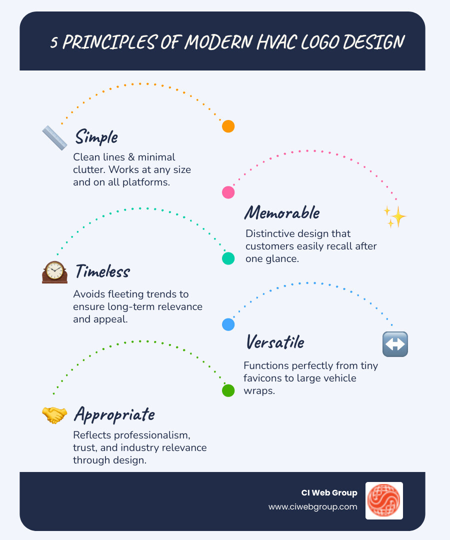 Infographic showing the 5 core principles of effective modern HVAC logo design: Simple with clean lines and minimal elements, Memorable through distinctive design that sticks in customers minds, Timeless avoiding trendy elements that quickly date the brand, Versatile working across all platforms from mobile screens to vehicle wraps, and Appropriate reflecting professionalism trust and HVAC industry relevance through strategic color and symbol choices - modern hvac logo infographic infographic-line-5-steps-blues-accent_colors