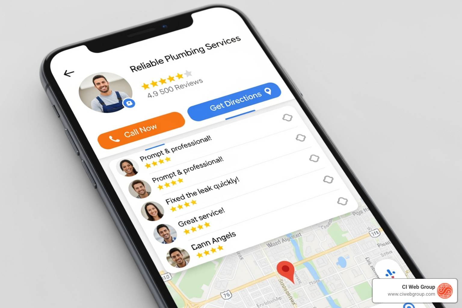 Optimized Google Business Profile on a smartphone screen - Find local SEO plumbing experts in Houston, Texas.