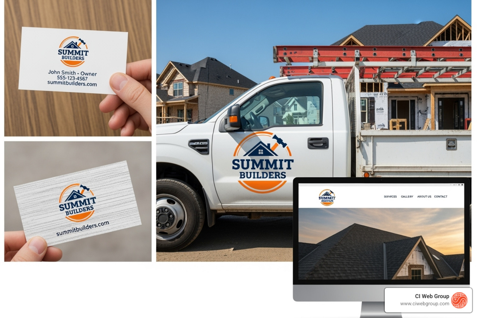showcasing a logo on different materials like a truck, a business card, and a website to illustrate versatility - roofing and construction logos showcasing a logo on different materials like a truck, a business card, and a website to illustrate versatility - roofing and construction logos