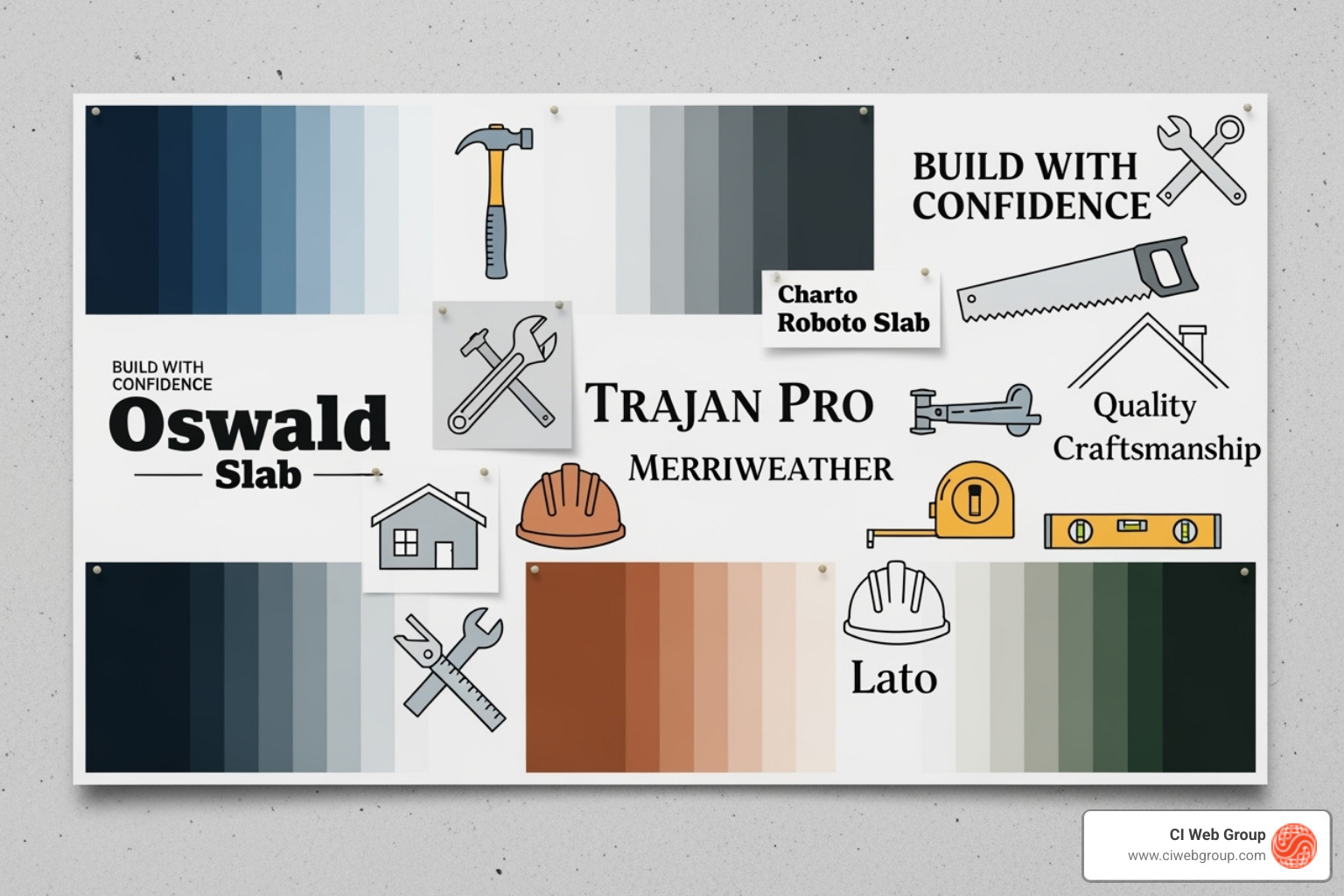 mood board showing different color palettes, fonts, and icons suitable for the construction industry - roofing and construction logos mood board showing different color palettes, fonts, and icons suitable for the construction industry - roofing and construction logos