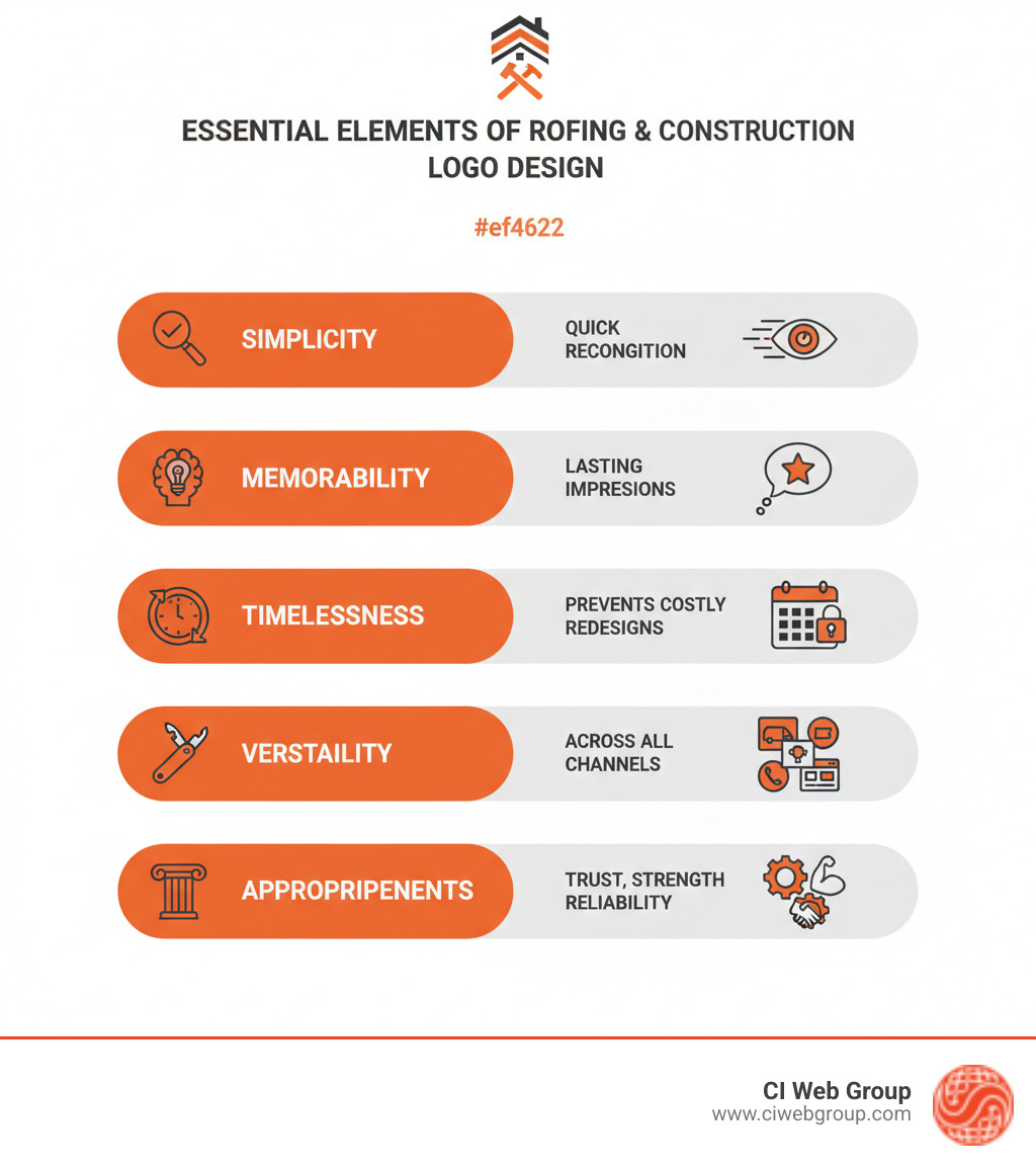 Infographic showing the 5 essential elements of effective logo design for roofing and construction companies: Simplicity ensures quick recognition, Memorability creates lasting customer impressions, Timelessness prevents costly redesigns, Versatility allows use across all marketing channels from truck wraps to social media, and Appropriateness ensures the design reflects industry values of trust, strength, and reliability - roofing and construction logos infographic Infographic showing the 5 essential elements of effective logo design for roofing and construction companies: Simplicity ensures quick recognition, Memorability creates lasting customer impressions, Timelessness prevents costly redesigns, Versatility allows use across all marketing channels from truck wraps to social media, and Appropriateness ensures the design reflects industry values of trust, strength, and reliability - roofing and construction logos infographic