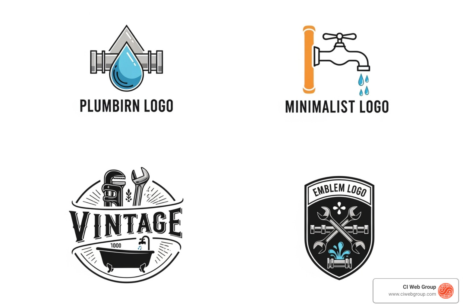 four different logo styles: modern, minimalist, vintage, and emblem - plumbing company logo