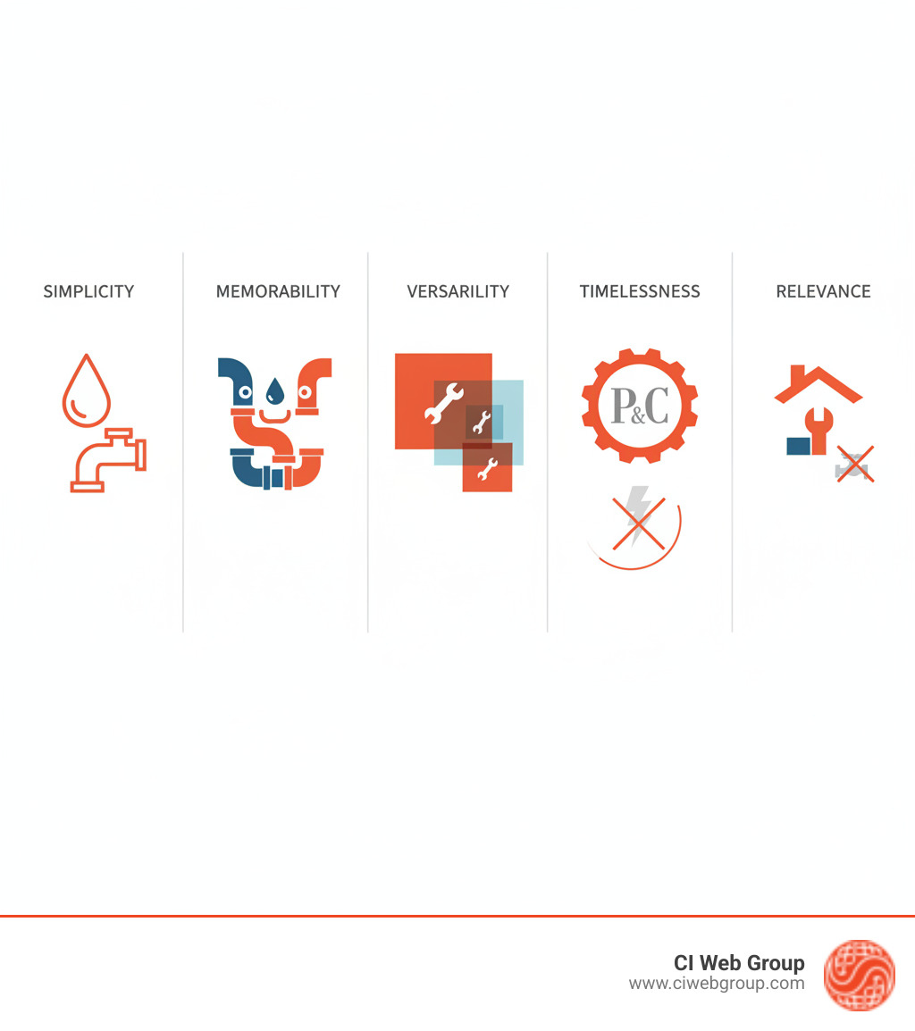 Infographic showing the 5 key principles of effective plumbing company logo design: Simplicity with clean lines and minimal elements, Memorability through distinctive visual elements, Versatility to work across all media from digital to print, Timelessness avoiding trendy elements that quickly date, and Relevance connecting to plumbing services while standing out from generic symbols - plumbing company logo infographic 