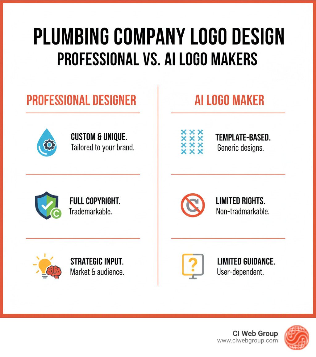 Table comparing professional logo design vs. AI logo makers - plumbing company logo infographic 