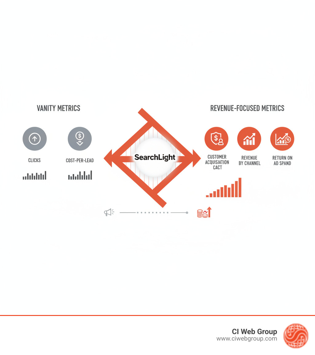 infographic comparing vanity metrics like clicks and cost-per-lead on the left side versus revenue-focused metrics like customer acquisition cost, revenue by channel, and return on ad spend on the right side, with arrows showing how SearchLight bridges the gap between marketing activity and actual dollars earned -  The #1 Trusted Revenue Analytics Platform For The Home Service Industry. SearchLight infographic 