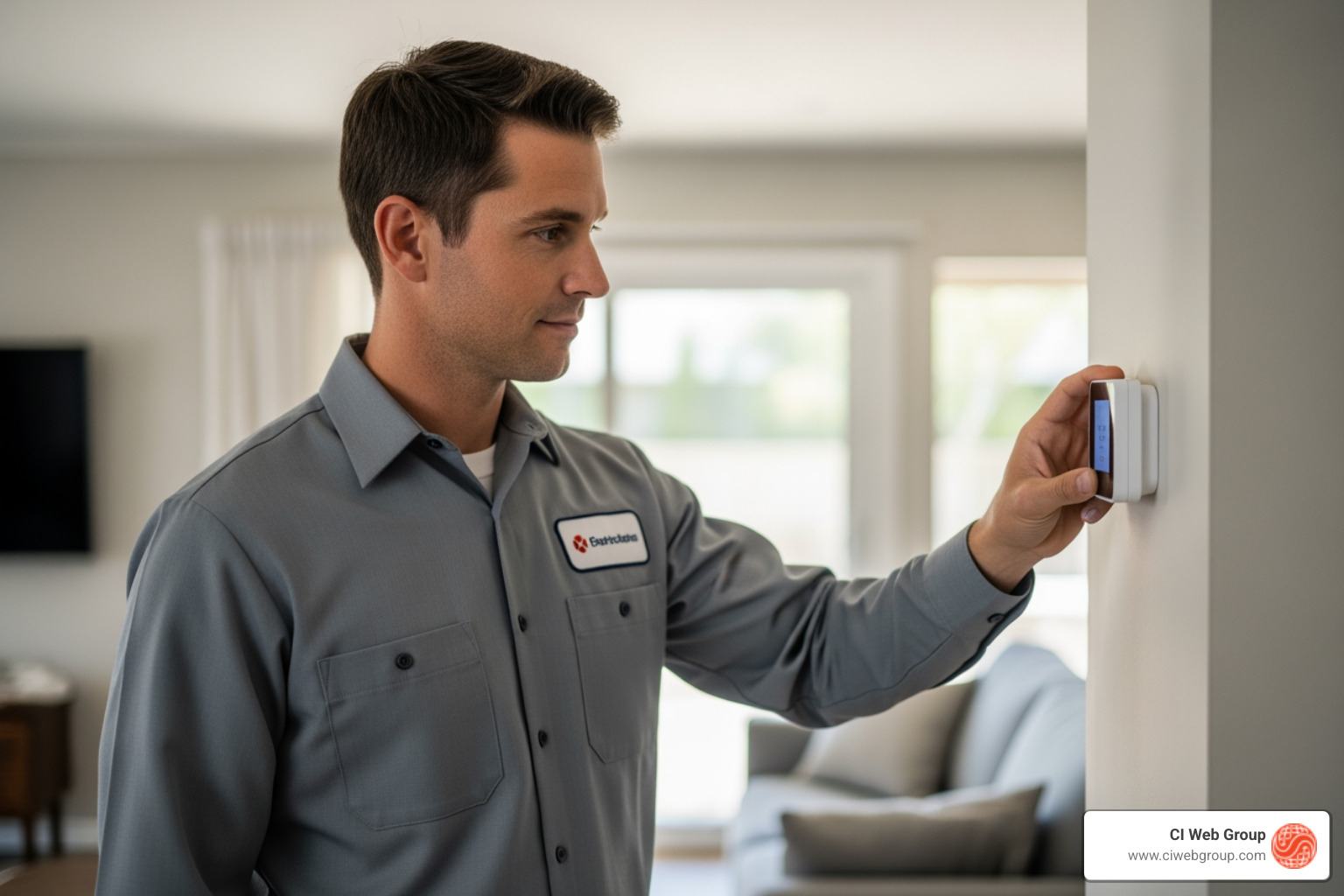 HVAC technician checking a smart thermostat in a modern home - Future-Proof Your HVAC Business with AI-Powered Marketing