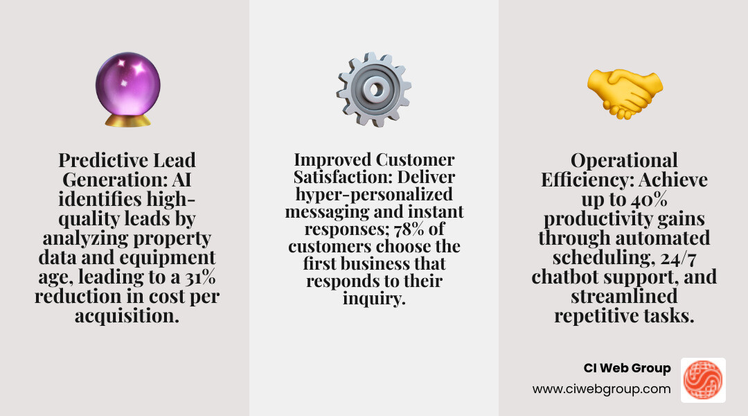 Infographic showing the three pillars of AI-powered HVAC marketing: predictive lead generation with property data analysis and equipment age tracking, operational efficiency through automated scheduling and 24/7 chatbot support, and improved customer satisfaction via personalized messaging and instant response systems, with statistics showing 78% of customers choose first responders and 40% productivity gains - Future-Proof Your HVAC Business with AI-Powered Marketing infographic 3_facts_emoji_grey